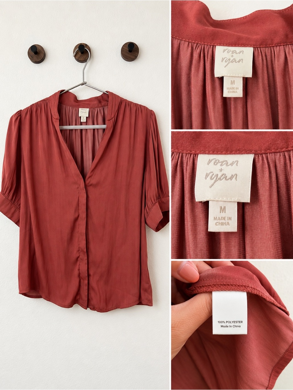 Roan + Ryan Women's Short-Sleeve V-Neck Blouse in Rust